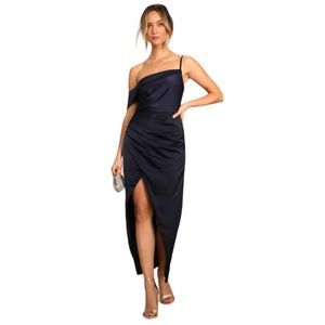 Lulu's Navy Blue One-Shoulder Midi Dress